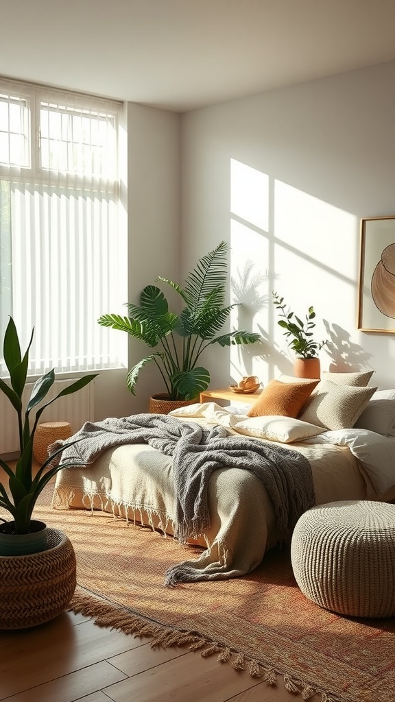 A cozy Boho bedroom with natural light, plants, and warm textiles