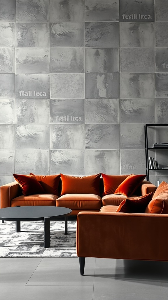 Modern living room featuring a concrete wall and orange velvet sofa