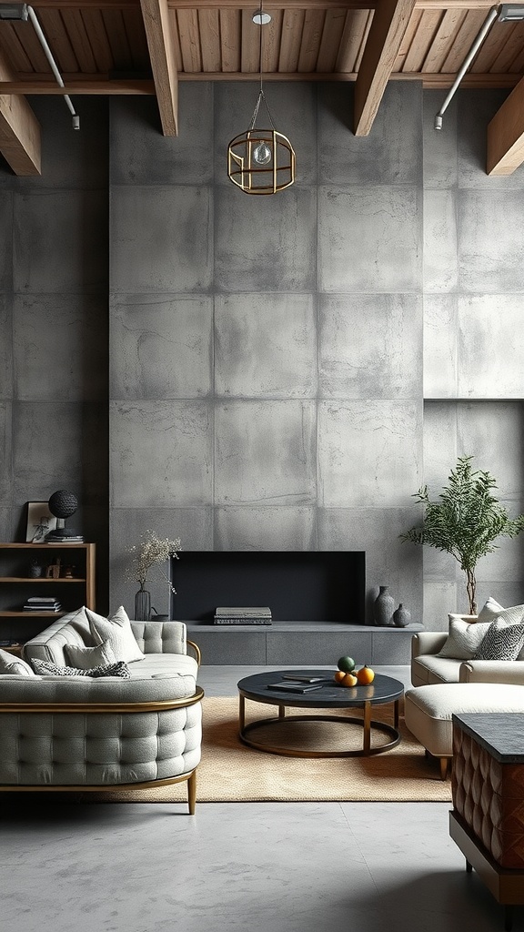 Living room featuring sleek concrete walls, modern furniture, and wood accents