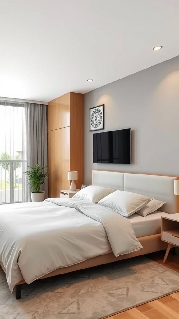 Modern bedroom with sleek design, featuring a comfortable bed and minimal decor.