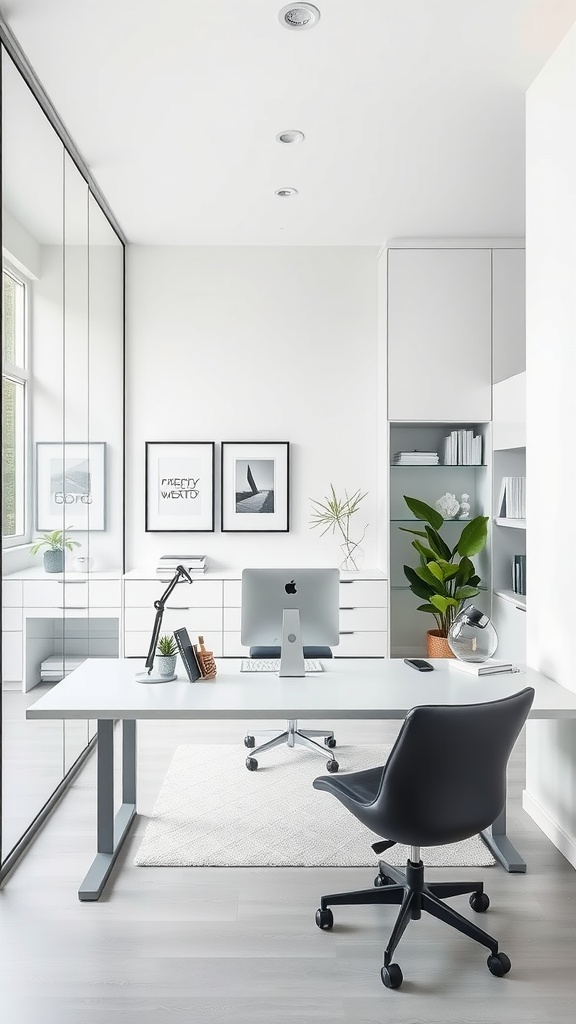 A modern home office featuring glass walls, minimalistic furniture, and a bright, open layout.