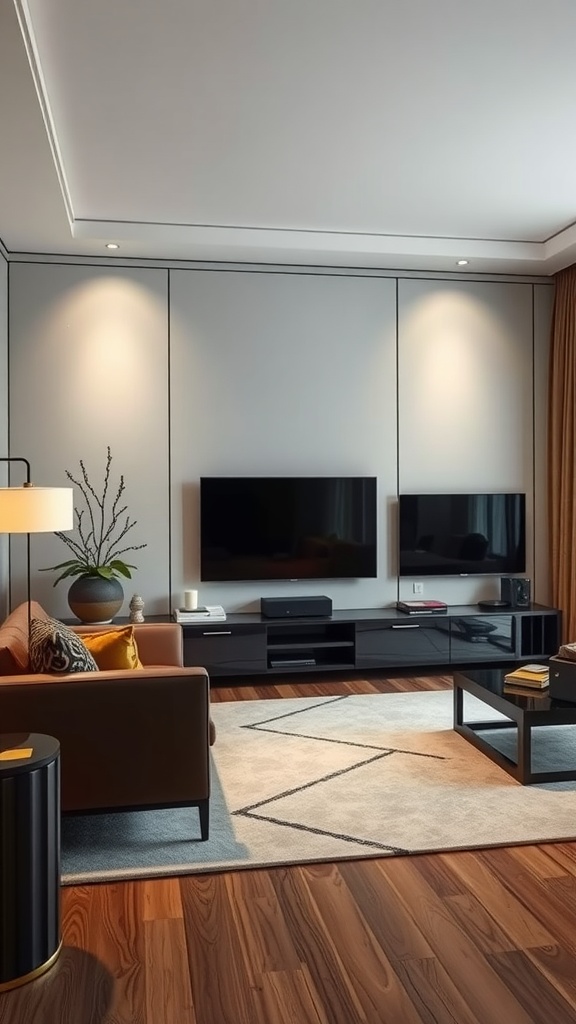 A modern living room featuring a sleek entertainment unit, two mounted TVs, and a warm-toned sofa.