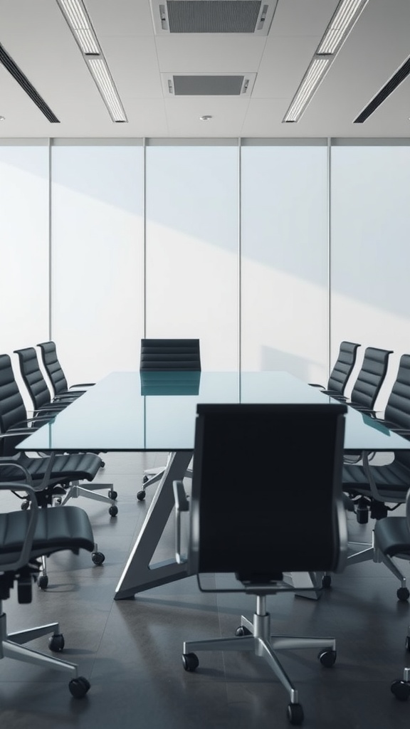 A modern glass conference table with black chairs in a bright office space