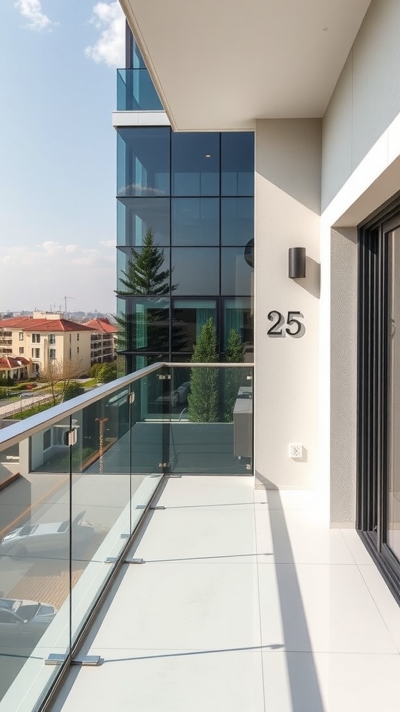 A modern balcony featuring a sleek glass railing with a clean view