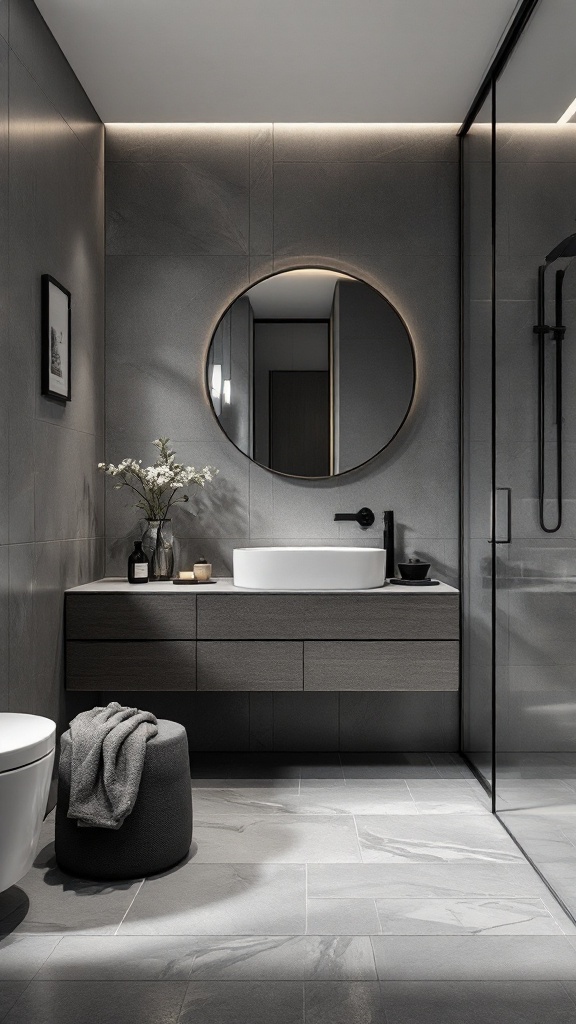 A sleek gray minimalist bathroom featuring a modern tub, sink, and toilet with soft lighting.