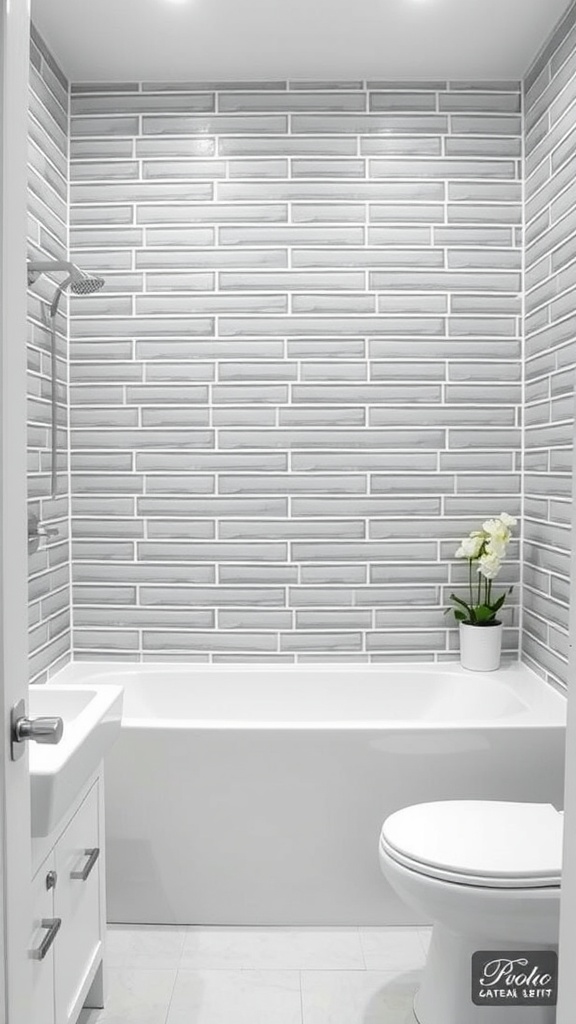 A modern bathroom featuring sleek gray subway tiles, a white bathtub, and a minimalist vanity.