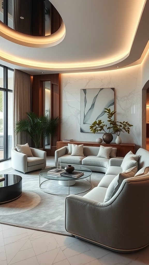 A modern living room featuring sleek lines and curves with soft lighting, elegant furniture, and decorative elements.