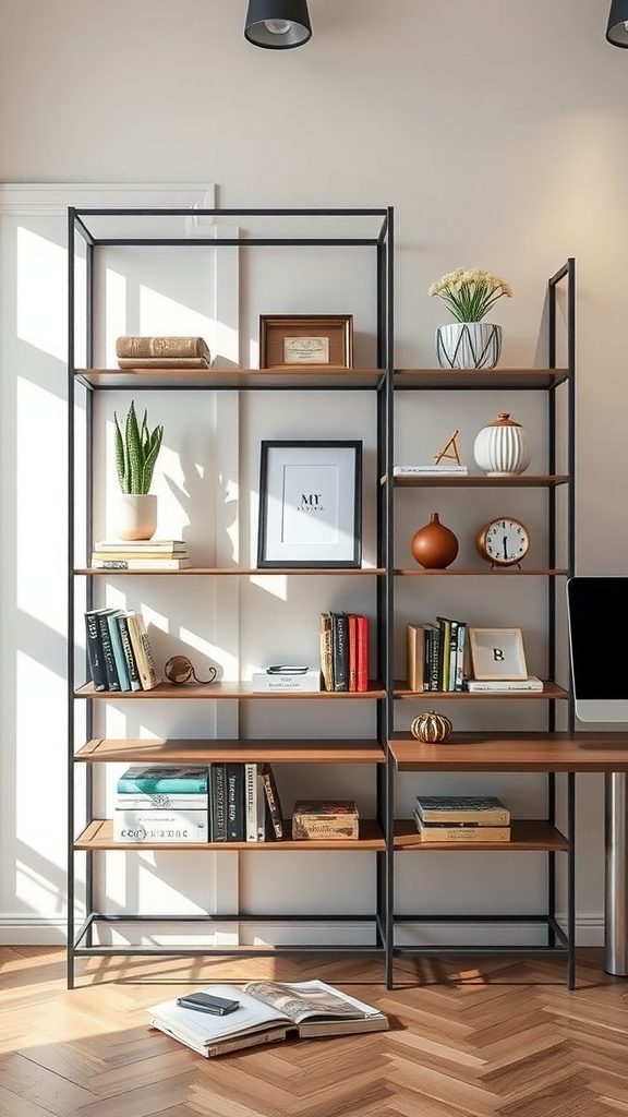 Sleek metal shelving unit in a home office with books and decorations.