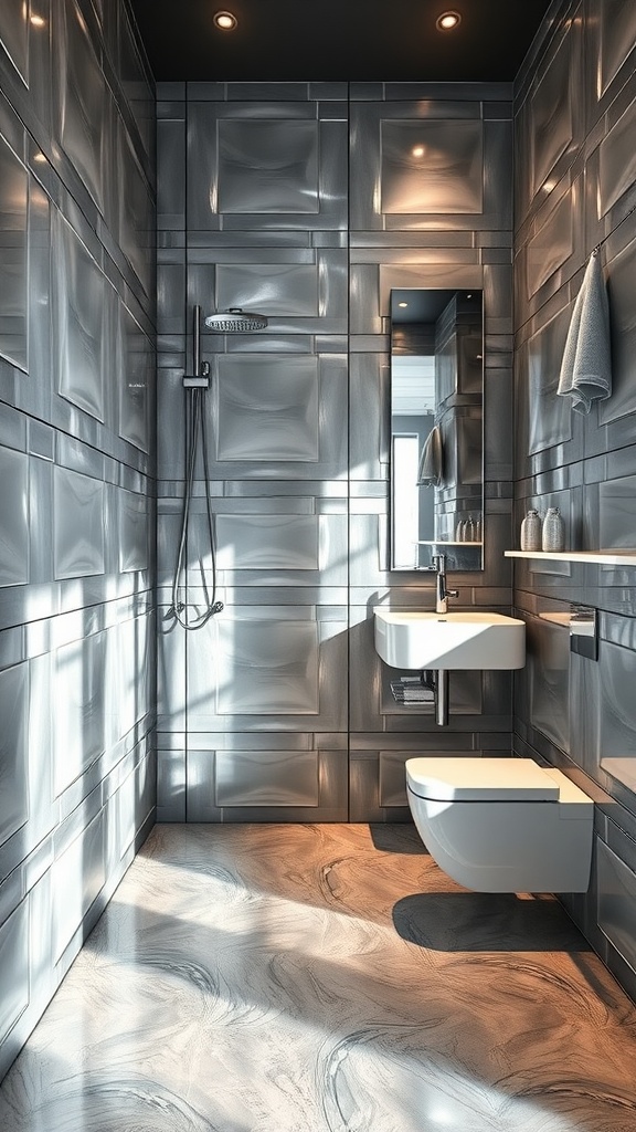 A modern bathroom featuring sleek metallic tiles on the walls, a wall-mounted sink, and a stylish toilet, with marbled flooring.