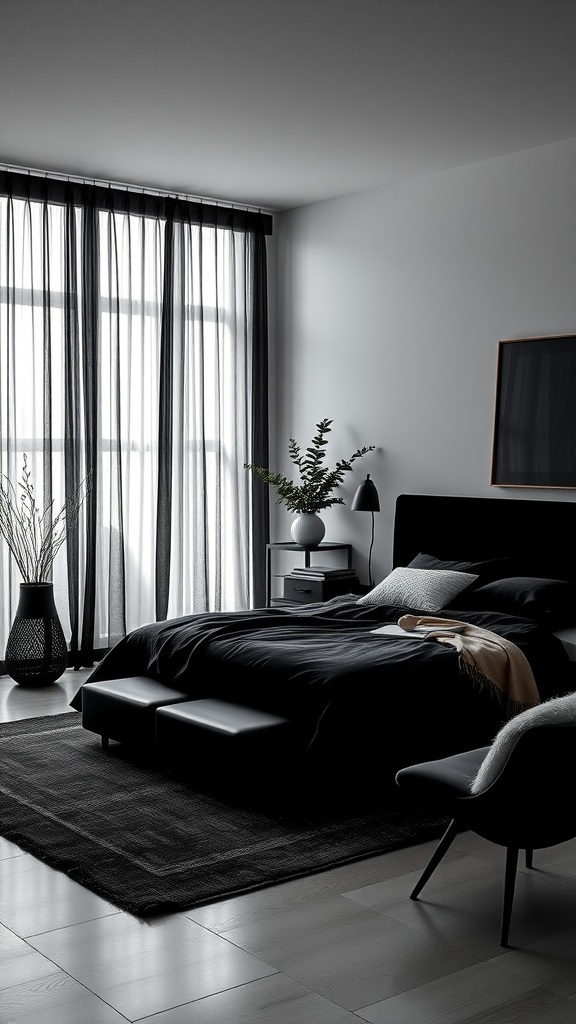 A sleek minimalistic bedroom featuring black linens, sheer curtains, and subtle decorative elements.