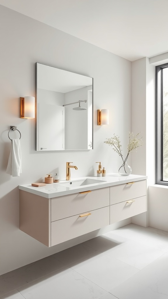 A sleek, modern bathroom featuring a floating vanity, round mirror, and minimalist decor.