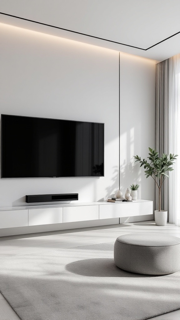 A sleek minimalist living room featuring a wall-mounted TV, simple media console, and minimal decor.
