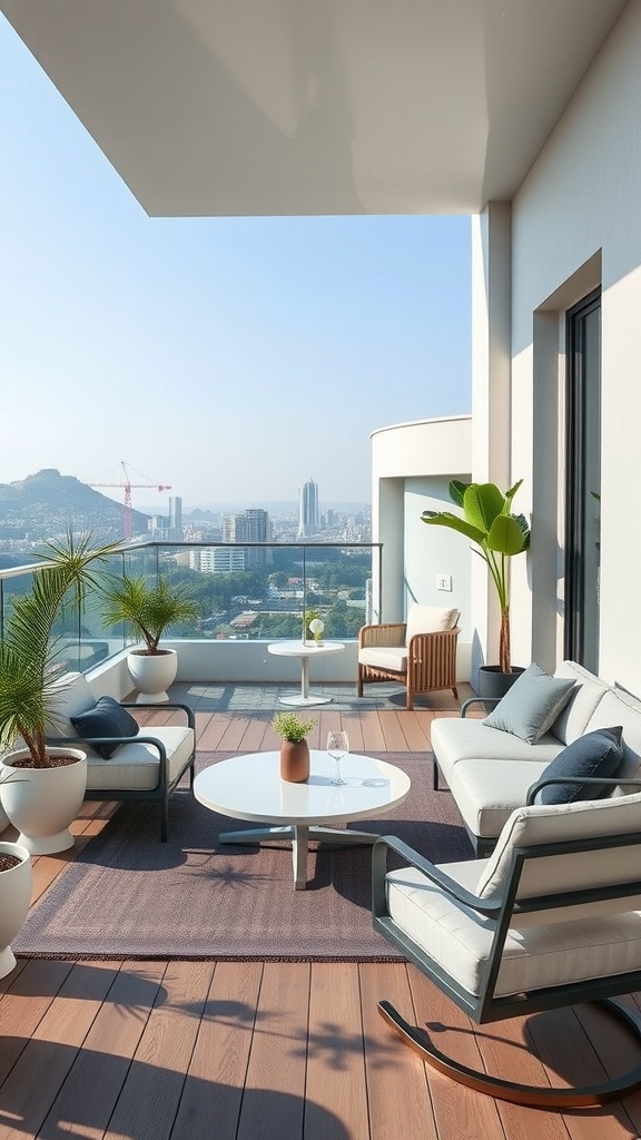 A sleek modern balcony featuring comfortable furniture, potted plants, and a stunning city view.
