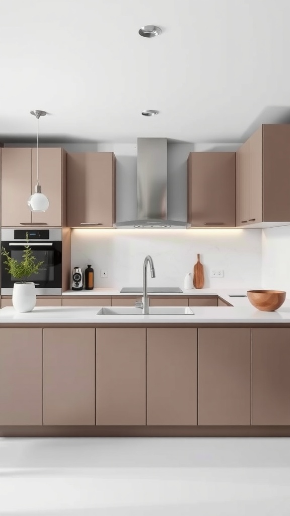 Modern minimalist kitchen with sleek brown cabinets and white countertops.