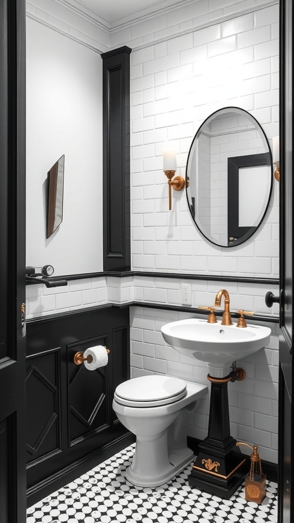 A sleek monochrome guest bathroom featuring black and white tiles, a round mirror, and gold accents.