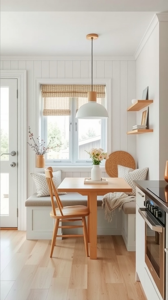 Cozy kitchen nook with Scandinavian design featuring a wooden table, soft cushions, and natural light from large windows.