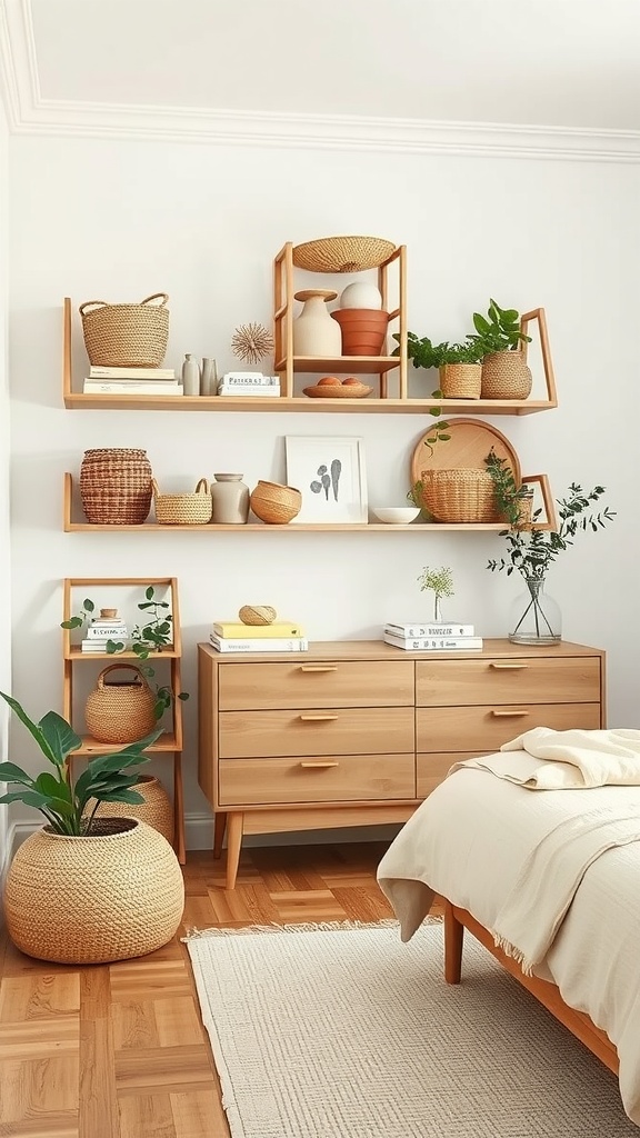 A stylish Scandi Boho bedroom featuring sleek storage solutions with wooden shelves, woven baskets, and plants.