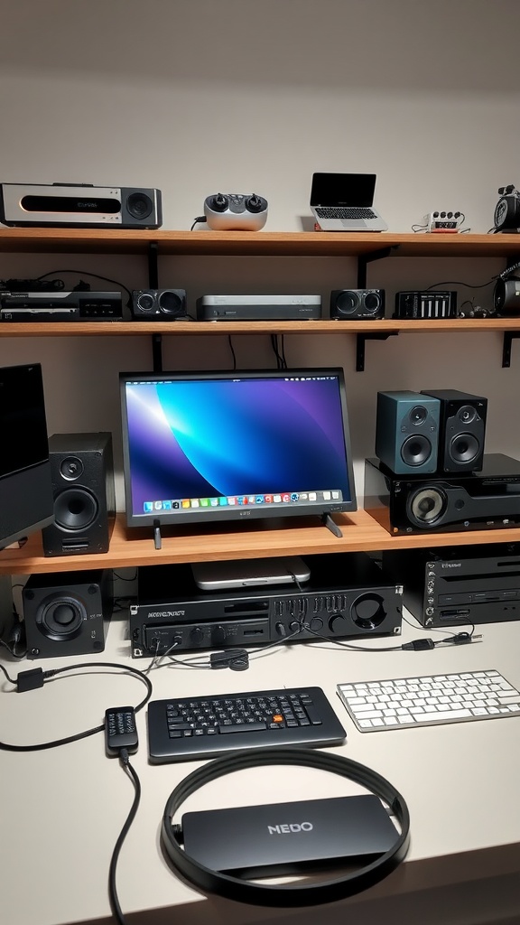 A modern workspace featuring a large monitor, keyboard, audio equipment, and organized cable management.