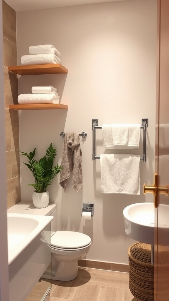 A small bathroom with sleek towel racks, wooden shelves, and a potted plant.