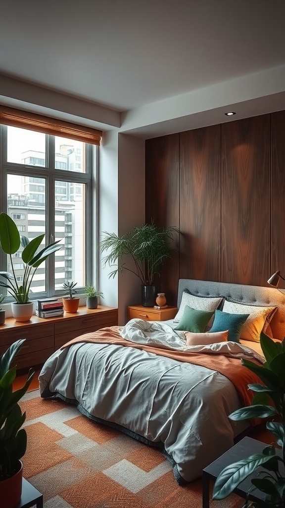 A modern bedroom featuring green plants, terracotta accents, and a wooden wall panel.