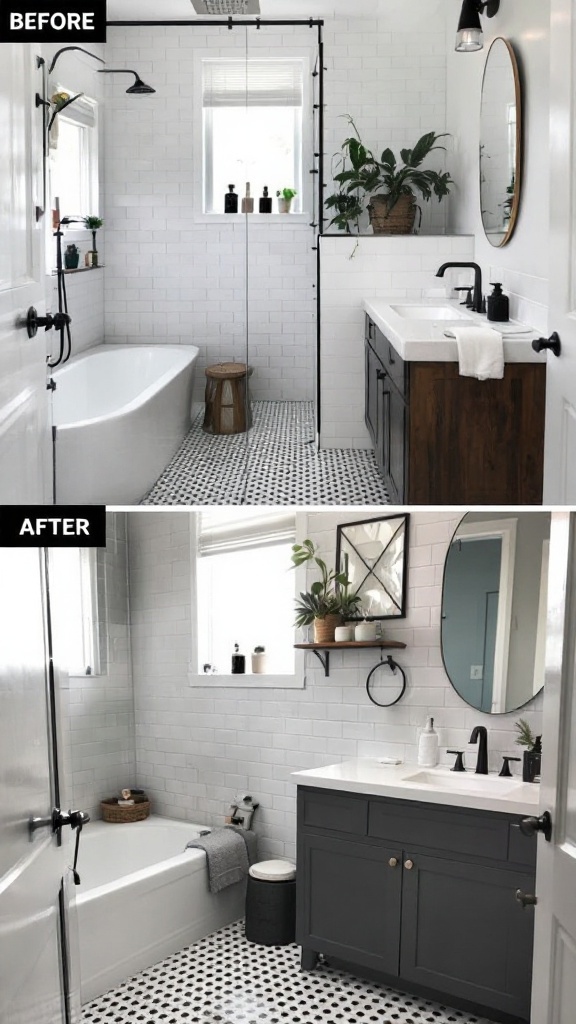 Before and after images of a bathroom makeover showing a transformation from a basic design to a sleek urban chic style.