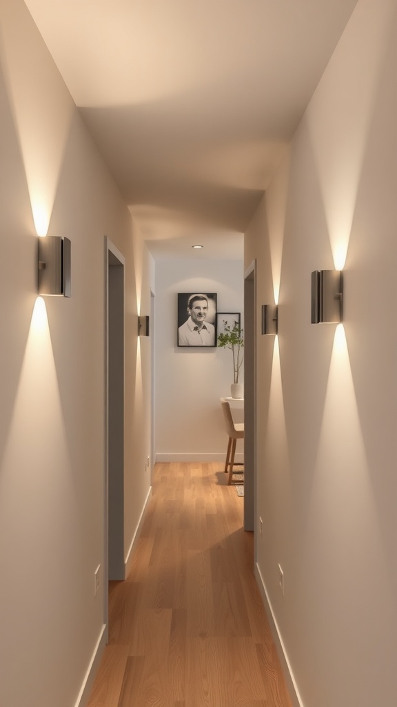 A modern hallway with sleek wall-mounted light fixtures on either side, illuminating the space.