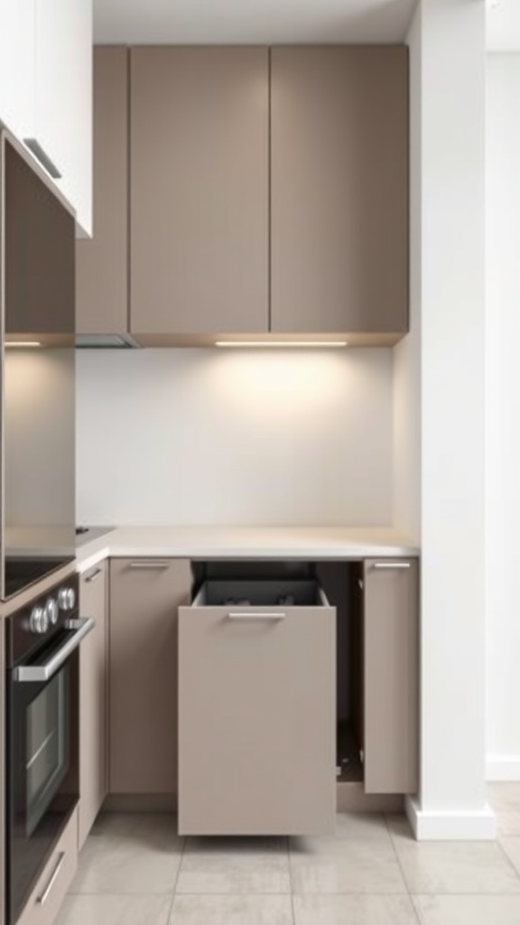A modern slide-out trash bin integrated into a kitchen cabinet.