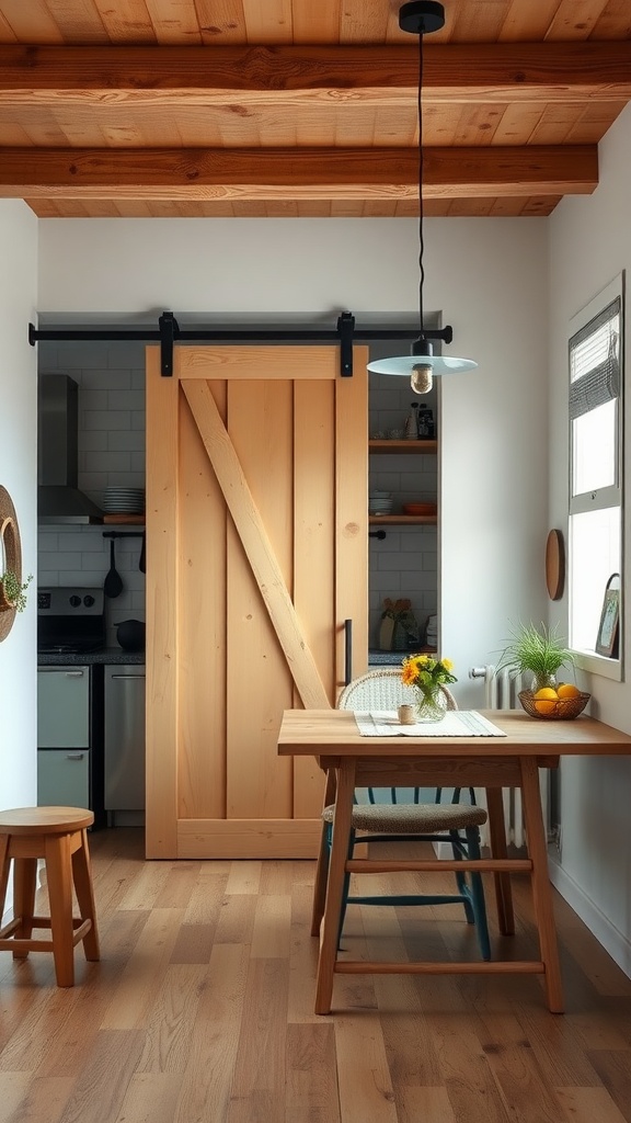 A cozy small kitchen featuring a sliding barn door made of wood, a dining table, and a warm wooden ceiling.