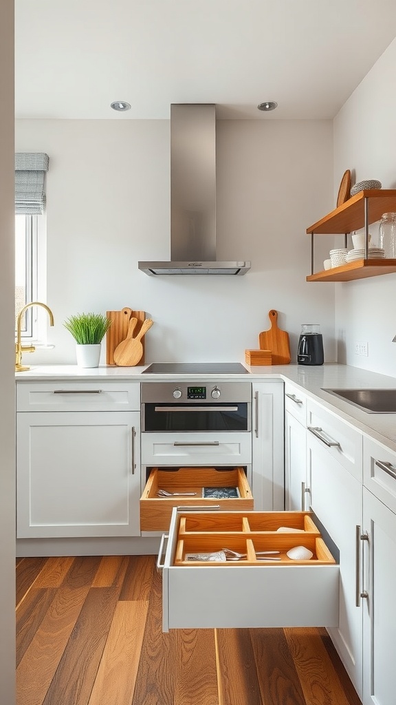 A modern kitchen with sliding drawers for hidden storage, featuring organized utensils and a sleek design.