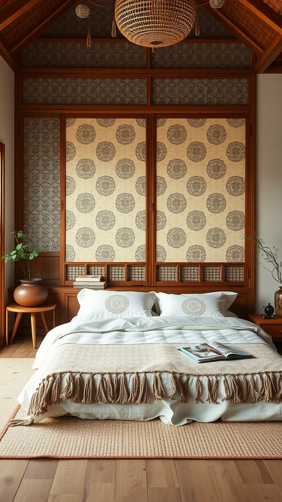 A cozy bedroom featuring sliding fusuma panels with intricate patterns, wooden elements, and soft textiles.