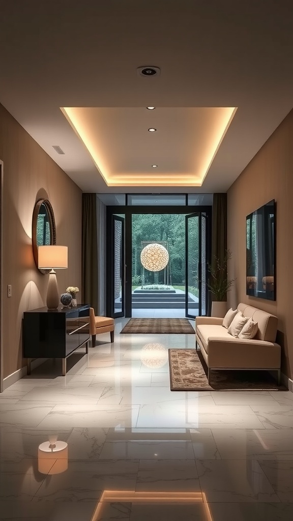 Modern foyer with slim LED strip lighting integrated into the ceiling, featuring a stylish layout and reflective flooring.
