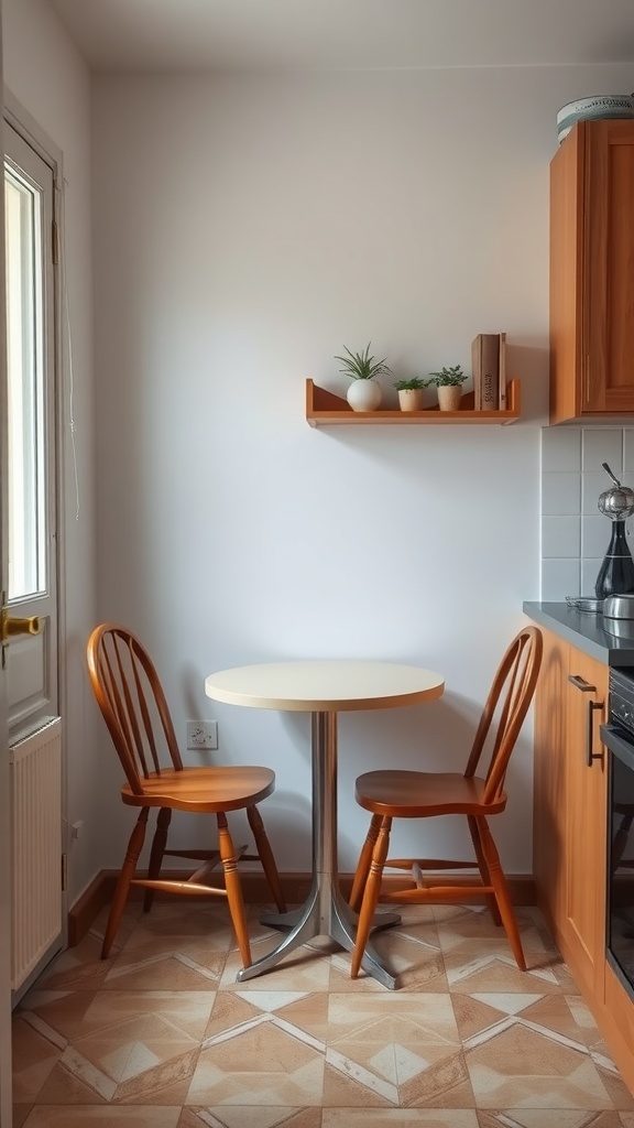 A cozy small dining area with a round table and two wooden chairs in a small kitchen.