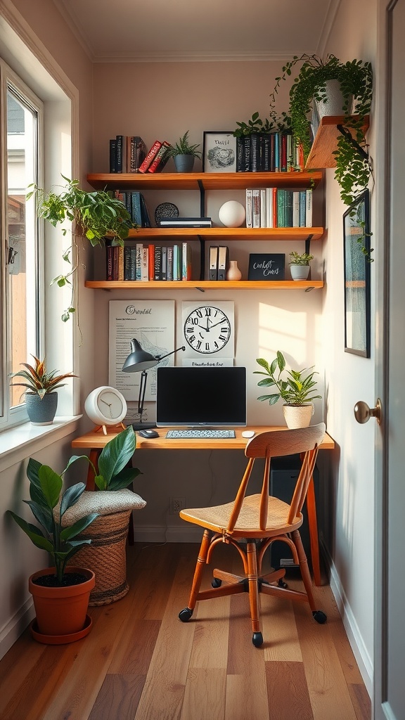 Cozy small-space home office setup with a desk, computer, plants, and shelves.