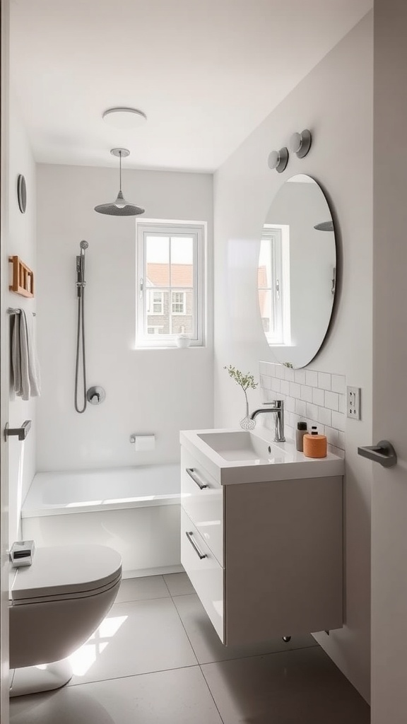 A small bathroom with clean lines, featuring modern cabinetry, a glass shower, and minimal decor.