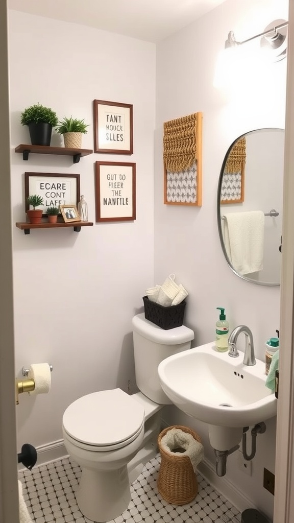 Small bathroom with light wall color, decorative shelves, and stylish accessories