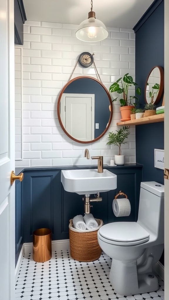 Small bathroom with navy walls, white subway tiles, circular mirror, and plants