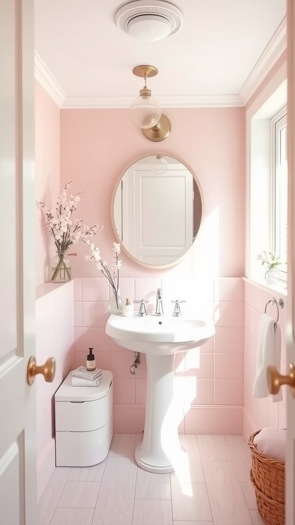 Small bathroom with pink walls, white fixtures, and decorative elements.