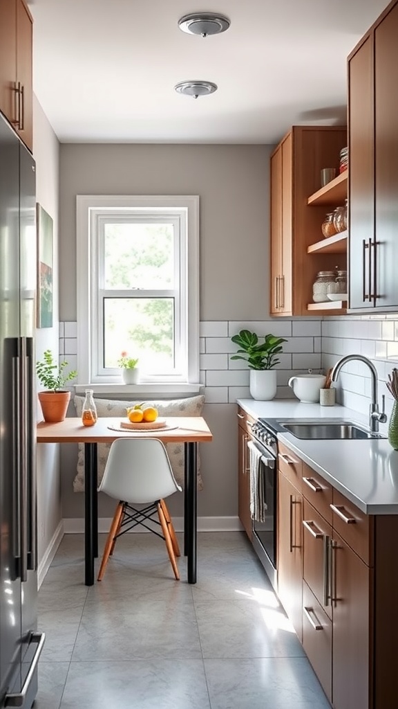 A cozy small galley kitchen with wooden cabinets, white countertops, and a small table by the window