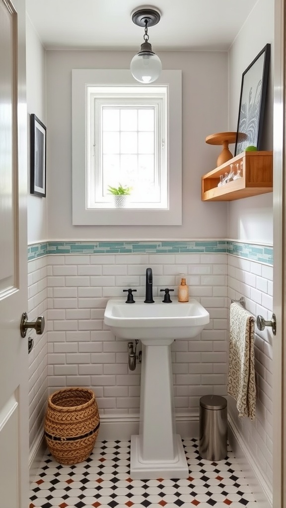 Small half bathroom with white subway tiles, black accents, and a charming window.