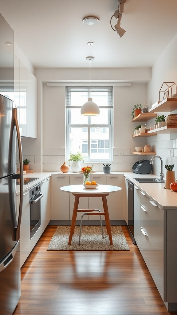 A modern small kitchen featuring white cabinets, a round table, and open shelves.