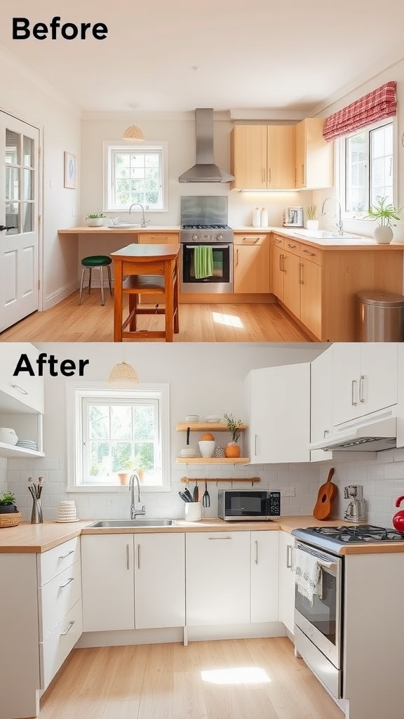 Before and after images of a small kitchen, showcasing significant transformation.