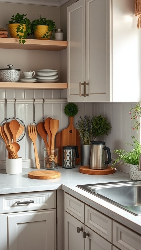 Cozy kitchen corner with wooden utensils, plants, and open shelves