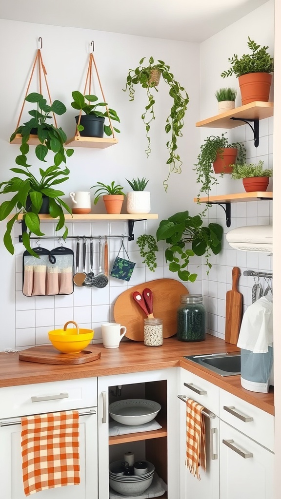 A small kitchen with hanging plants, wooden shelves, and organized kitchen essentials.