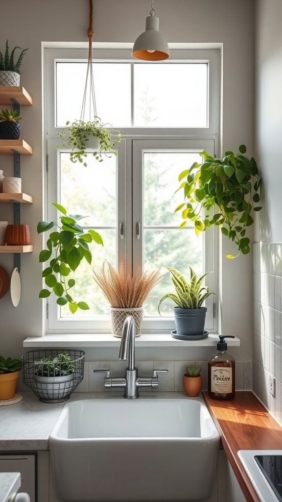 Bright kitchen window with hanging plants and a farmhouse sink