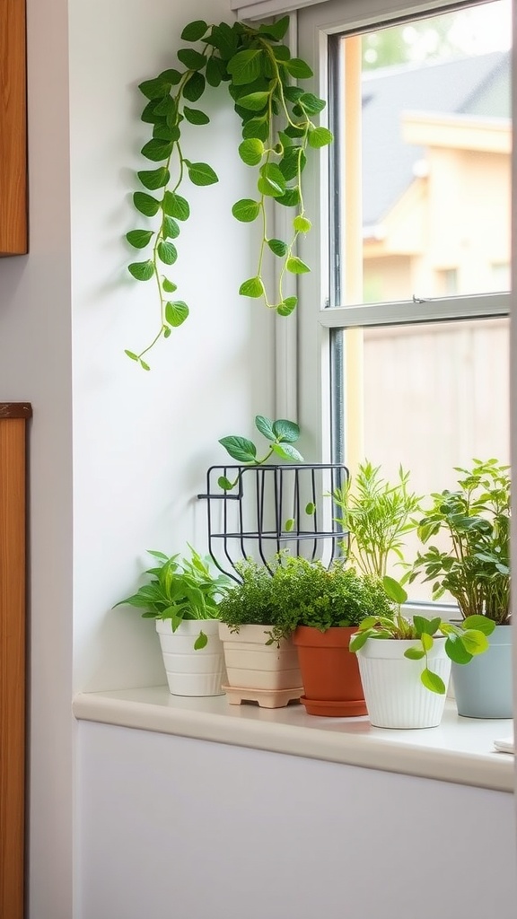 A small kitchen garden with various potted plants on a windowsill, including herbs and greenery.