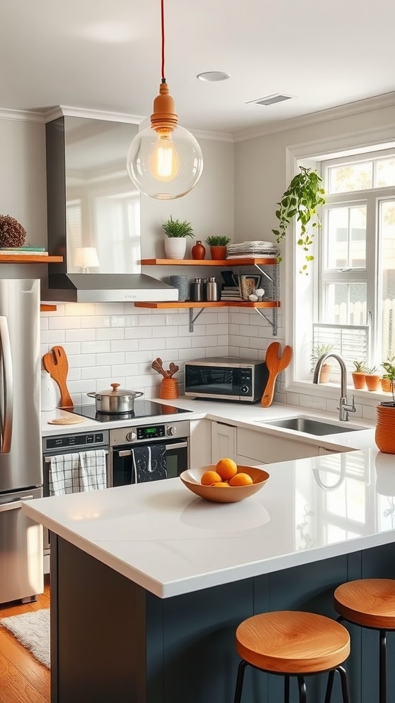 Modern small kitchen with an island, featuring bright colors and open shelving.