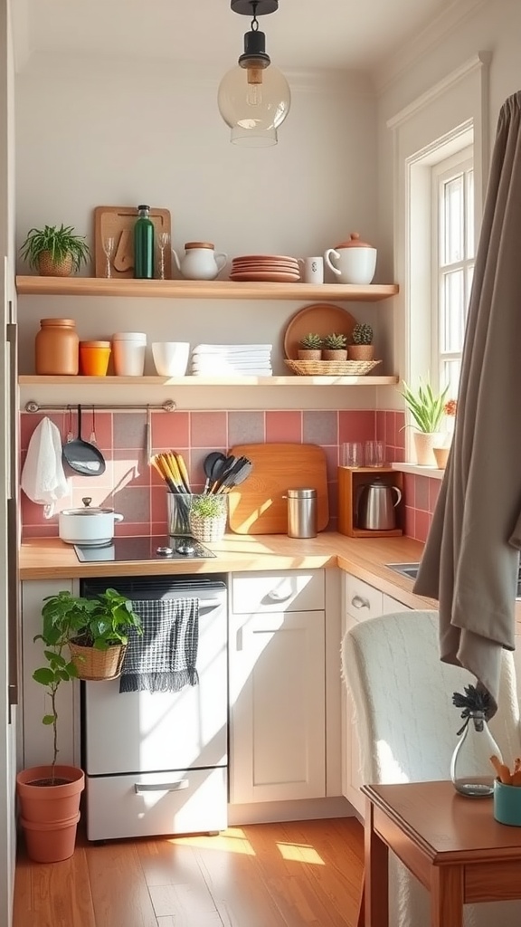 Bright small kitchen with open shelves, plants, and wooden accents