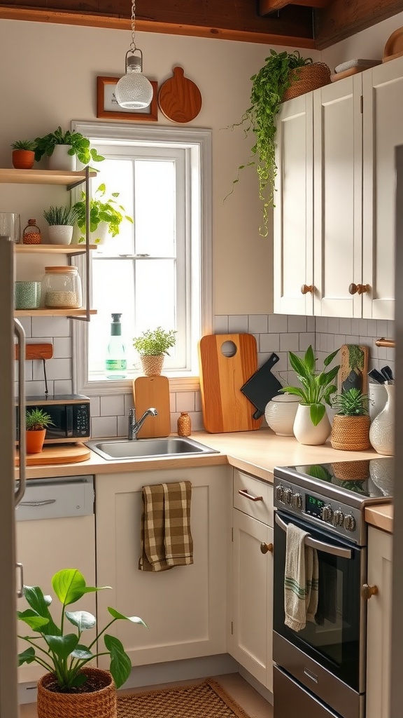 A small kitchen featuring plants, wooden accents, and organized shelves that maximize space while looking inviting