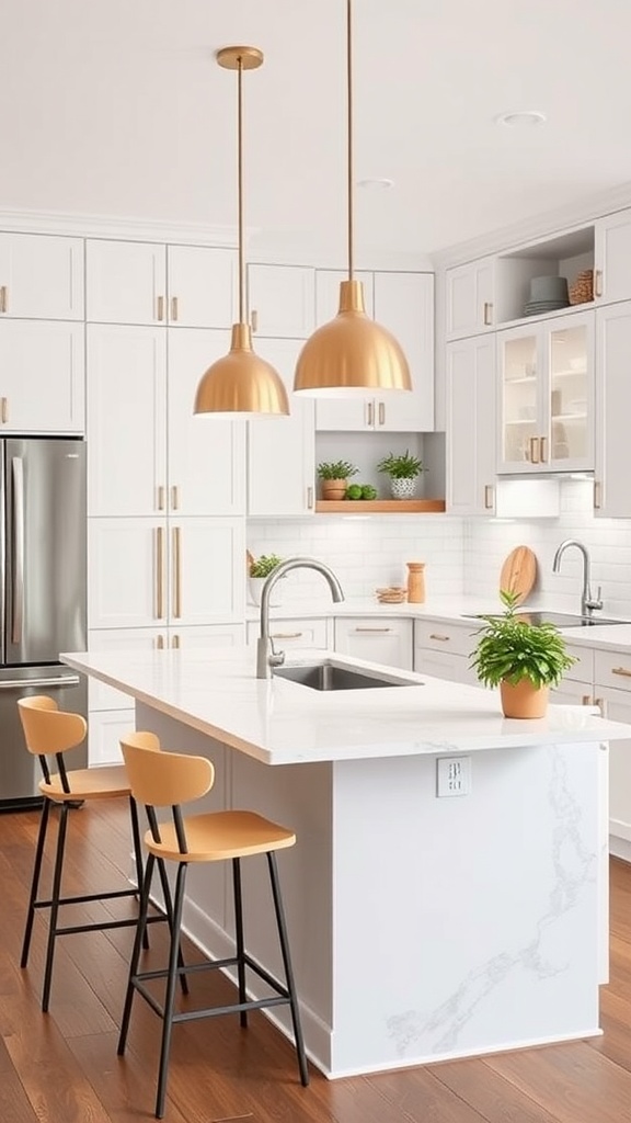 Modern kitchen with white cabinets, a marble island, golden pendant lights, and wooden bar stools.