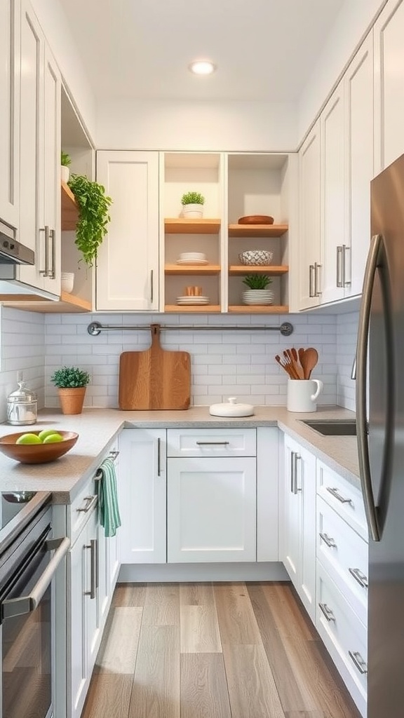 A small, modern kitchen featuring white cabinets, wooden shelves, and a clean countertop with decorative plants.